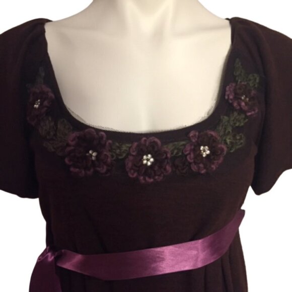 Uncle Frank Chocolate Brown Dress Floral Embellished Neckline Lilac Ribbon Belt - Picture 3 of 7